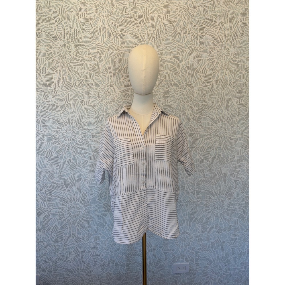 Madewell Womens XXS White Black Cotton Boxy Striped Short Sleeve Button Down